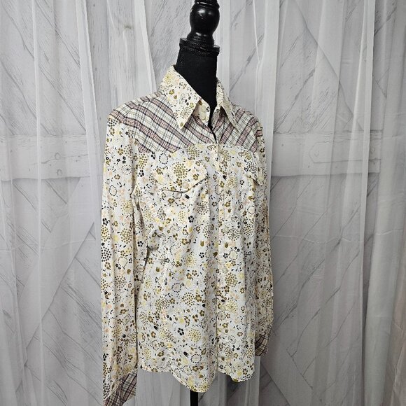 Spy Henry Lau Yellow Blue Floral Plaid Western Button Down Blouse Size L - Picture 3 of 13